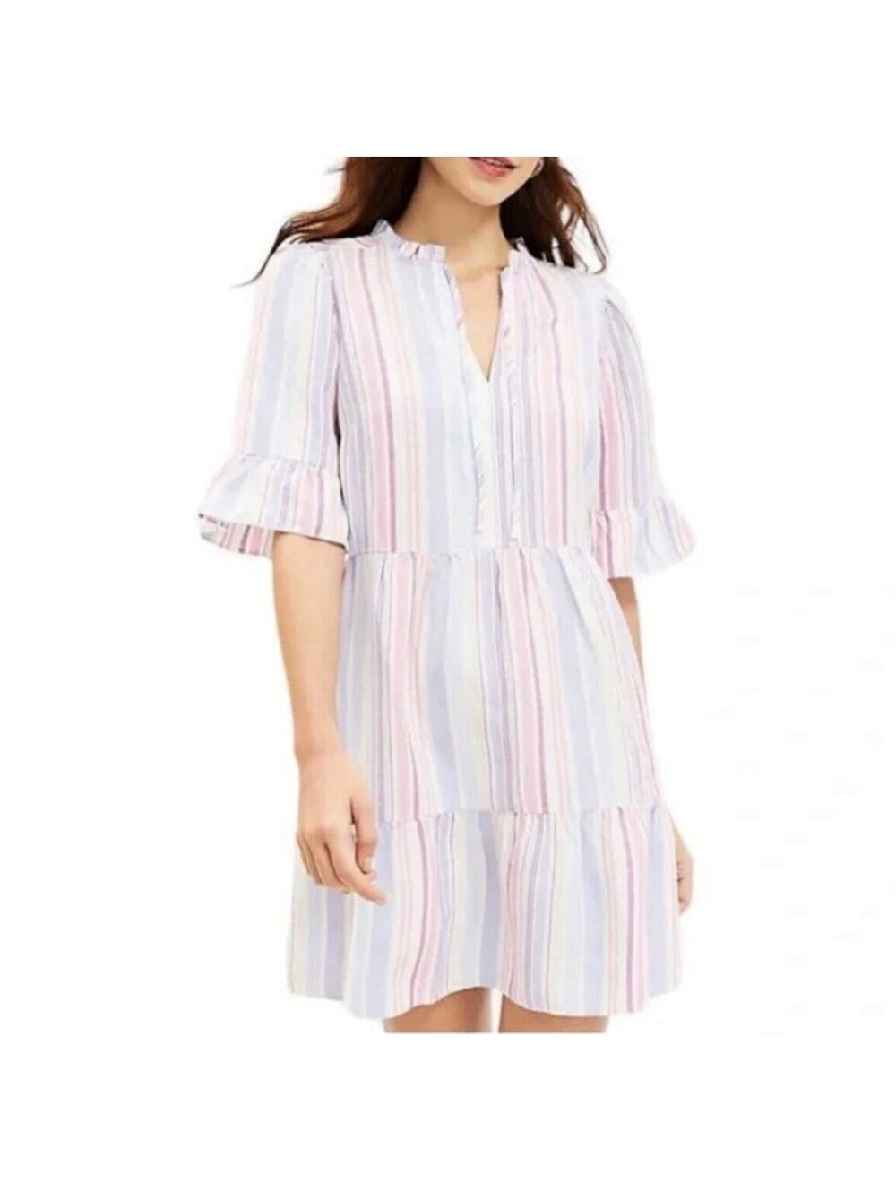 Loft XL Dress Linen Stripe Ruffle Tie Neck Tiered Swing A-Line Bell Sleeve Beach